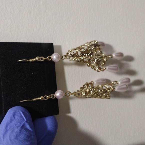 Women's Gold-tone Filigree Design 3.5" Long Beaded Drop Dangle Earrings, #5 - Picture 5 of 5